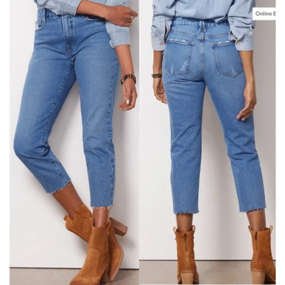 Good American Girlfriend Distressed Raw Hem Denim Crop Jeans Blue Womens 6 / 28